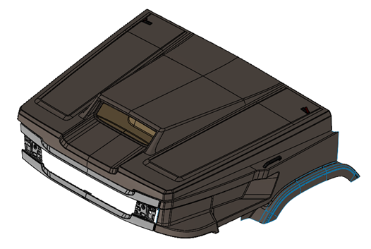 Modélisation 3D du capot et de l’aile polyester conçus par SIAM pour le SCANIA Vampire